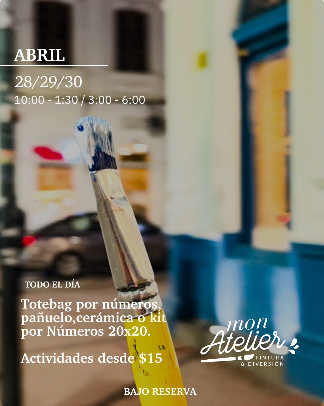 Sesiones de Pintura Disponibles – ¡Más de 5 experiencias creativas!
Elige entre varias actividades artísticas para disfrutar solo, en pareja o con amigos.
Incluye todos los materiales.
Reserva hoy y vive una experiencia llena de color y diversión.
Sesiones de Pintura Disponibles – ¡Más de 5 experiencias creativas!
Elige entre varias actividades artísticas para disfrutar solo, en pareja o con amigos.
Incluye todos los materiales.
Reserva hoy y vive una experiencia llena de color y diversión.