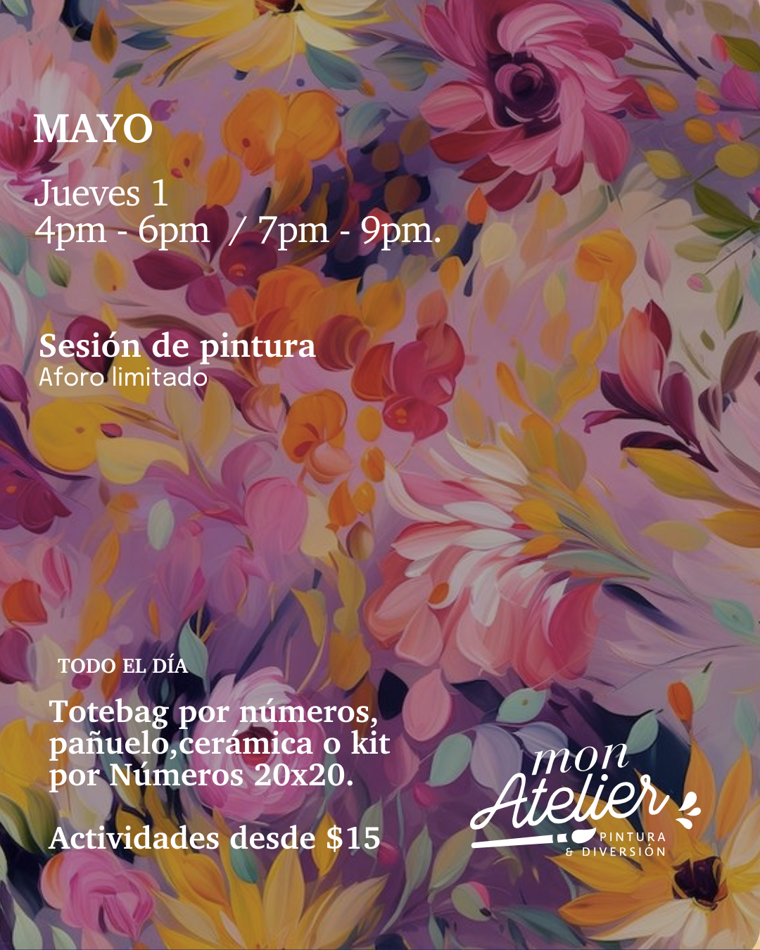 Sesiones de Pintura Disponibles – ¡Más de 5 experiencias creativas!
Elige entre varias actividades artísticas para disfrutar solo, en pareja o con amigos.
Incluye todos los materiales.
Reserva hoy y vive una experiencia llena de color y diversión.