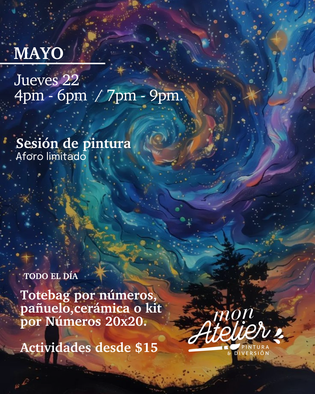 Sesiones de Pintura Disponibles – ¡Más de 5 experiencias creativas!
Elige entre varias actividades artísticas para disfrutar solo, en pareja o con amigos.
Incluye todos los materiales.
Reserva hoy y vive una experiencia llena de color y diversión.