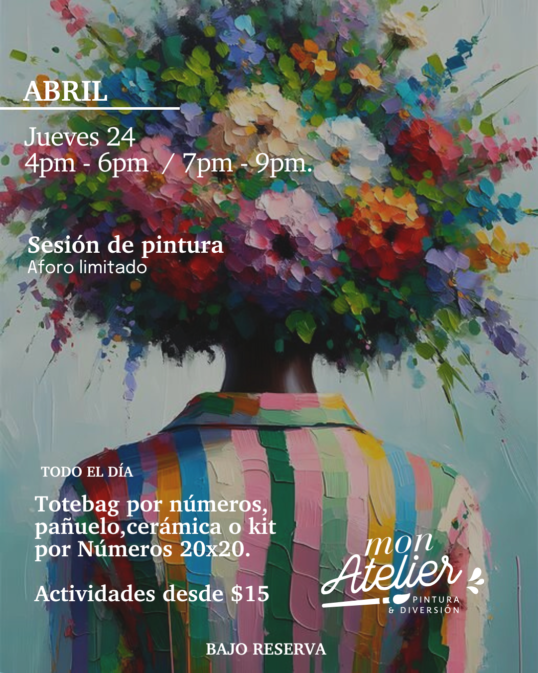 Sesiones de Pintura Disponibles – ¡Más de 5 experiencias creativas!
Elige entre varias actividades artísticas para disfrutar solo, en pareja o con amigos.
Incluye todos los materiales.
Reserva hoy y vive una experiencia llena de color y diversión.
