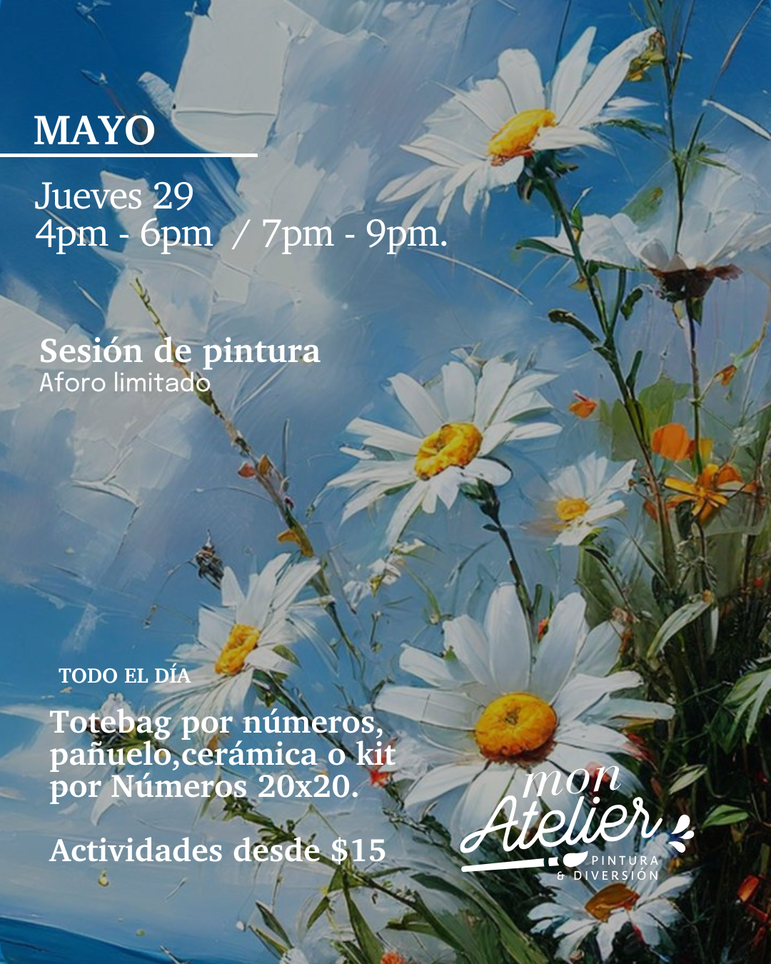 Sesiones de Pintura Disponibles – ¡Más de 5 experiencias creativas!
Elige entre varias actividades artísticas para disfrutar solo, en pareja o con amigos.
Incluye todos los materiales.
Reserva hoy y vive una experiencia llena de color y diversión.