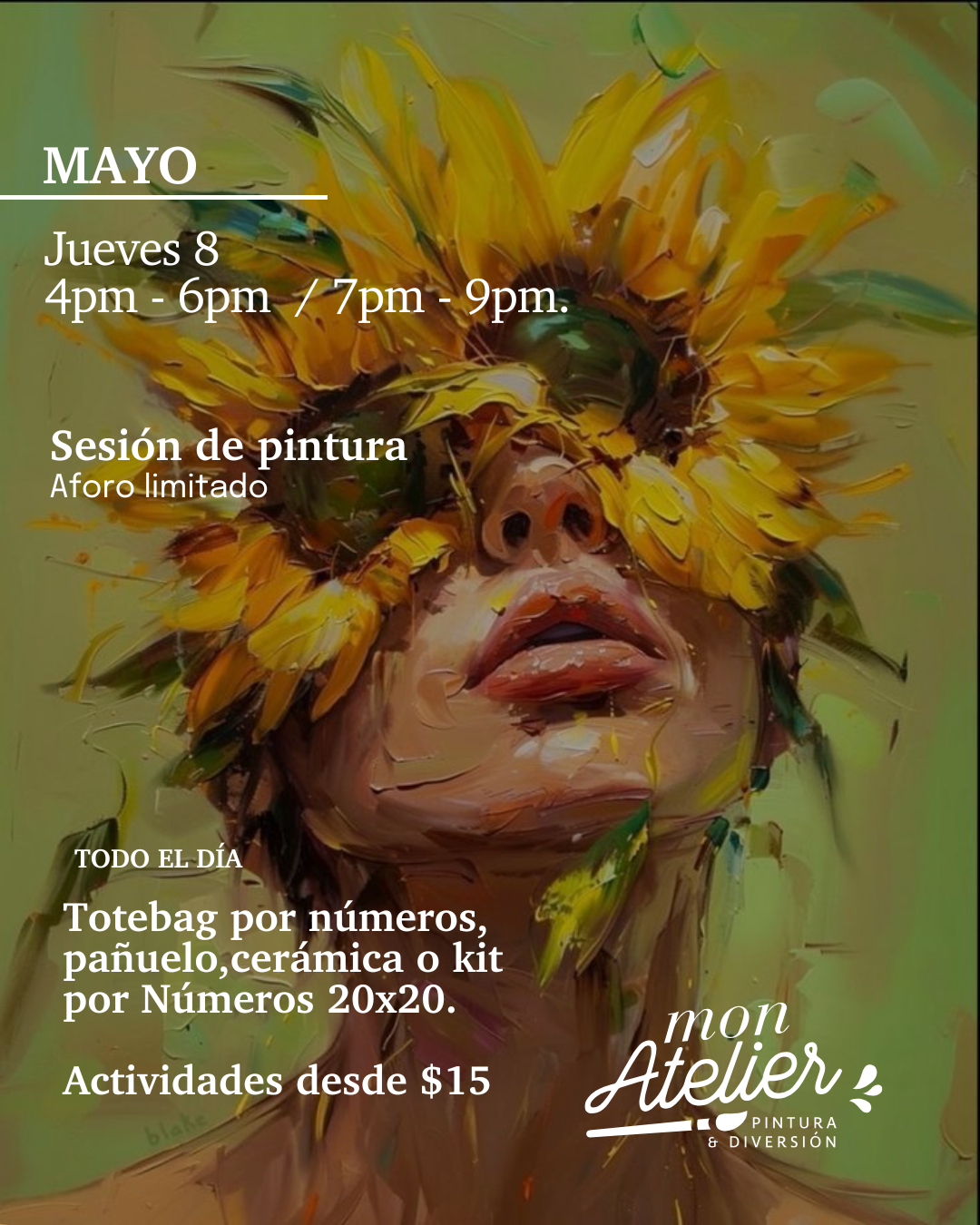 Sesiones de Pintura Disponibles – ¡Más de 5 experiencias creativas!
Elige entre varias actividades artísticas para disfrutar solo, en pareja o con amigos.
Incluye todos los materiales.
Reserva hoy y vive una experiencia llena de color y diversión.