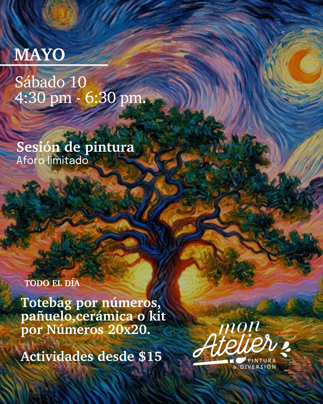 Sesiones de Pintura Disponibles – ¡Más de 5 experiencias creativas!
Elige entre varias actividades artísticas para disfrutar solo, en pareja o con amigos.
Incluye todos los materiales.
Reserva hoy y vive una experiencia llena de color y diversión.
