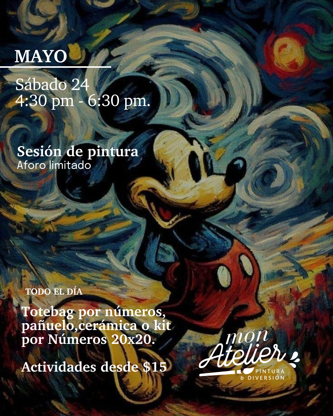 Sesiones de Pintura Disponibles – ¡Más de 5 experiencias creativas!
Elige entre varias actividades artísticas para disfrutar solo, en pareja o con amigos.
Incluye todos los materiales.
Reserva hoy y vive una experiencia llena de color y diversión.