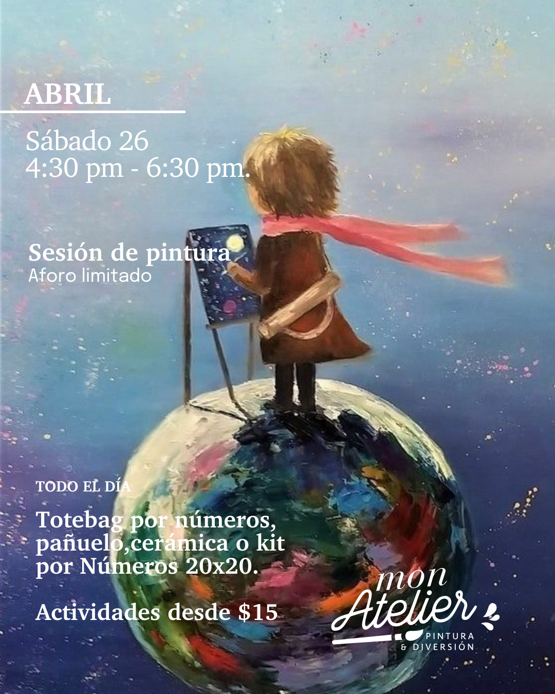 Sesiones de Pintura Disponibles – ¡Más de 5 experiencias creativas!
Elige entre varias actividades artísticas para disfrutar solo, en pareja o con amigos.
Incluye todos los materiales.
Reserva hoy y vive una experiencia llena de color y diversión.