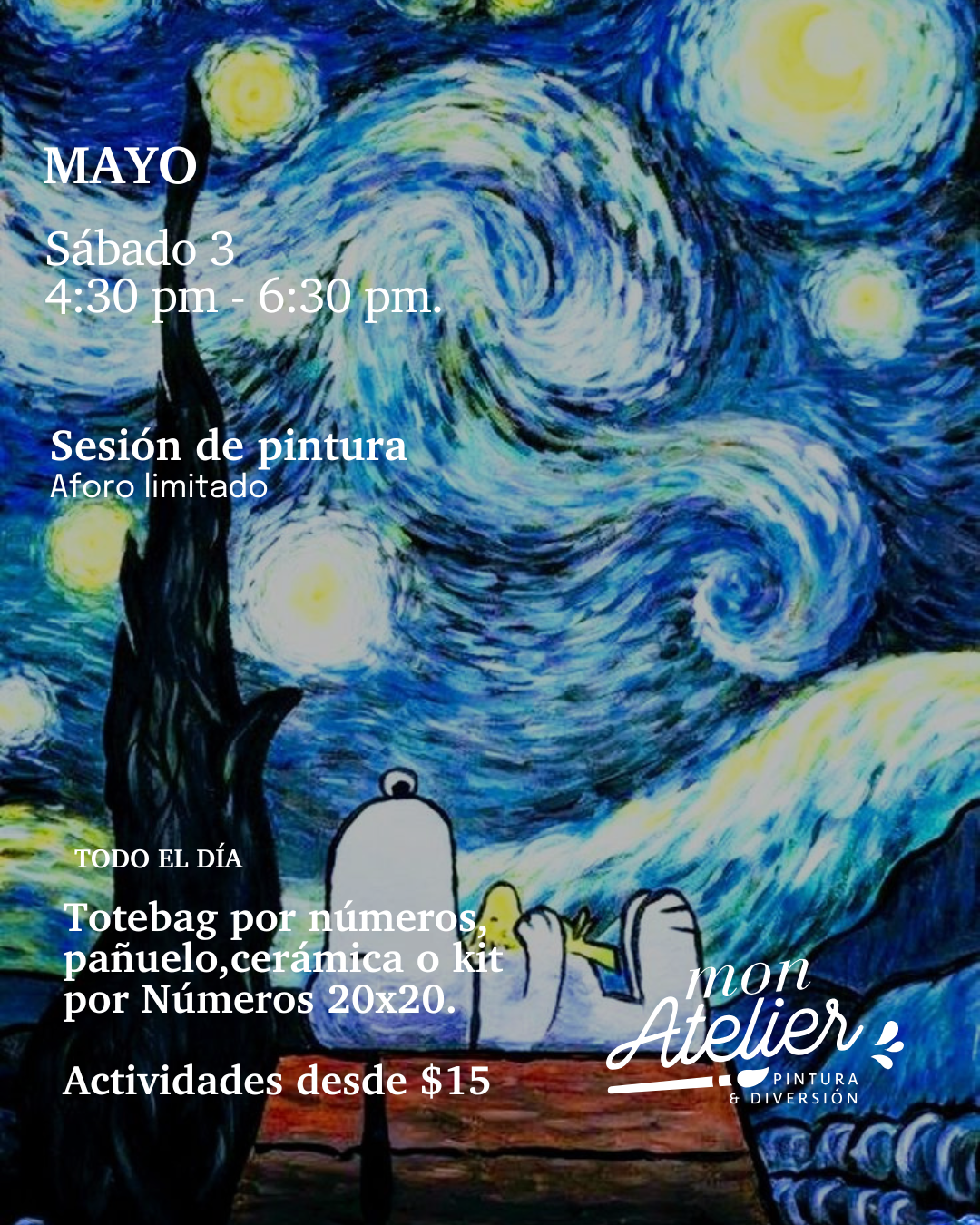 Sesiones de Pintura Disponibles – ¡Más de 5 experiencias creativas!
Elige entre varias actividades artísticas para disfrutar solo, en pareja o con amigos.
Incluye todos los materiales.
Reserva hoy y vive una experiencia llena de color y diversión.