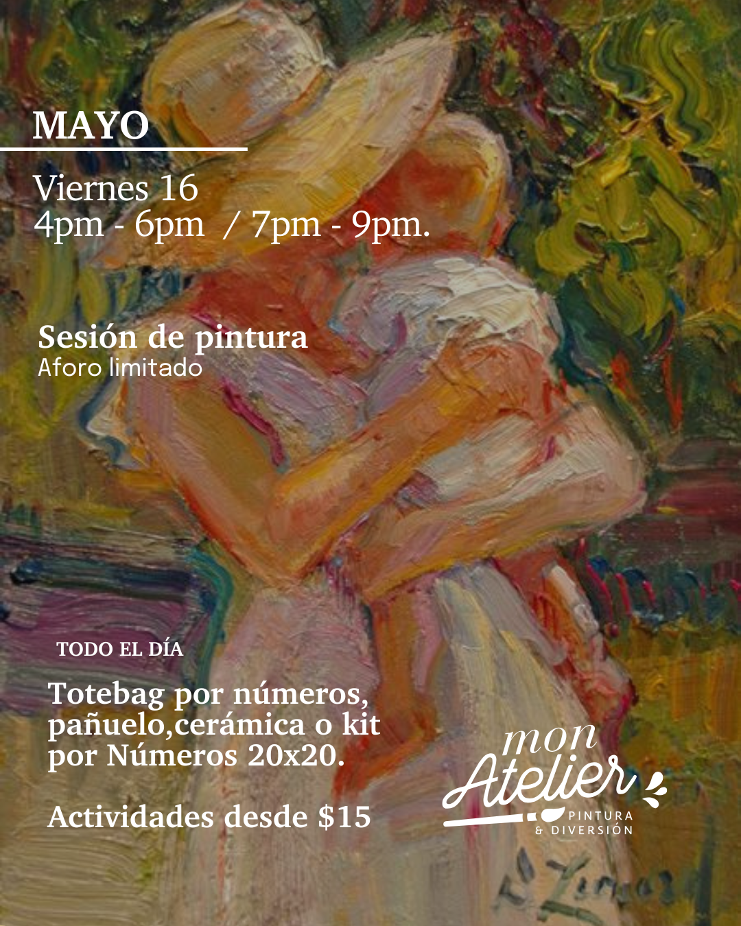 Sesiones de Pintura Disponibles – ¡Más de 5 experiencias creativas!
Elige entre varias actividades artísticas para disfrutar solo, en pareja o con amigos.
Incluye todos los materiales.
Reserva hoy y vive una experiencia llena de color y diversión.