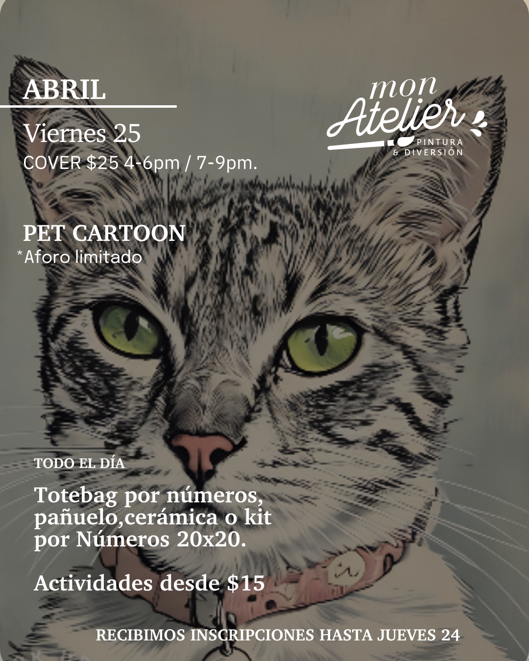 Sesiones de Pintura Disponibles – ¡Más de 5 experiencias creativas!
Elige entre varias actividades artísticas para disfrutar solo, en pareja o con amigos.
Incluye todos los materiales.
Reserva hoy y vive una experiencia llena de color y diversión.