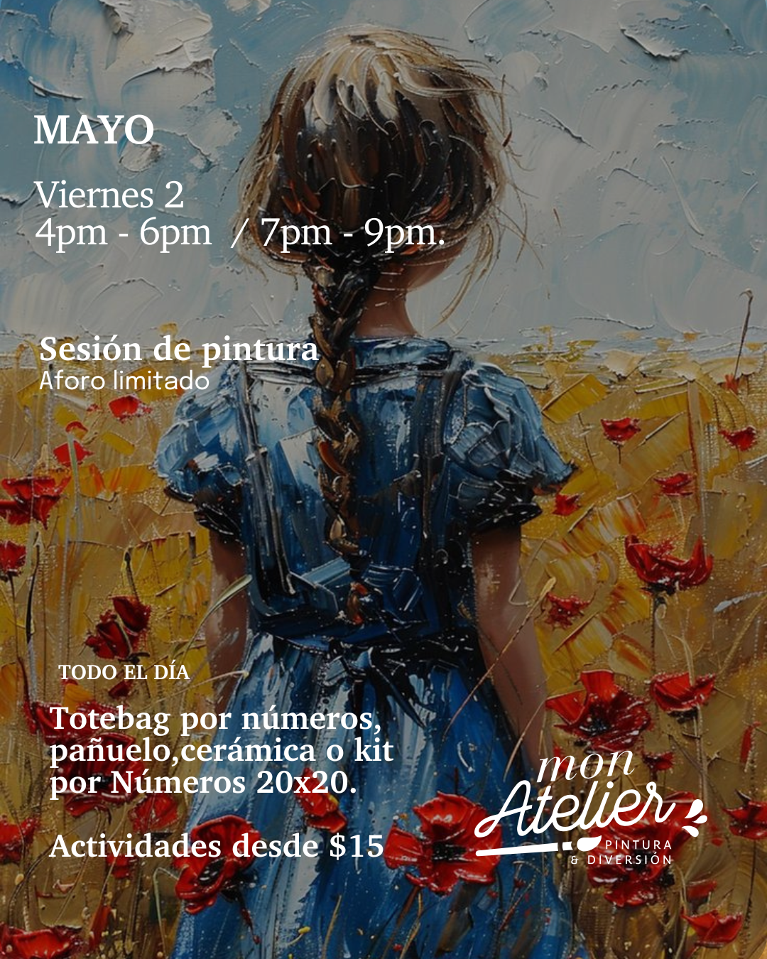 Sesiones de Pintura Disponibles – ¡Más de 5 experiencias creativas!
Elige entre varias actividades artísticas para disfrutar solo, en pareja o con amigos.
Incluye todos los materiales.
Reserva hoy y vive una experiencia llena de color y diversión.