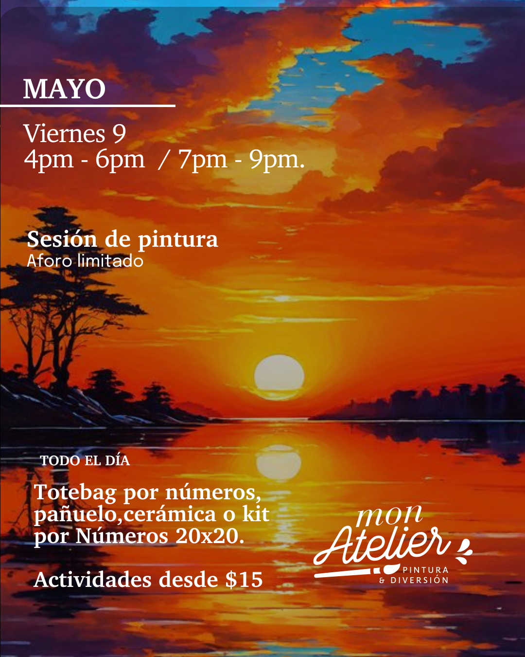 Sesiones de Pintura Disponibles – ¡Más de 5 experiencias creativas!
Elige entre varias actividades artísticas para disfrutar solo, en pareja o con amigos.
Incluye todos los materiales.
Reserva hoy y vive una experiencia llena de color y diversión.